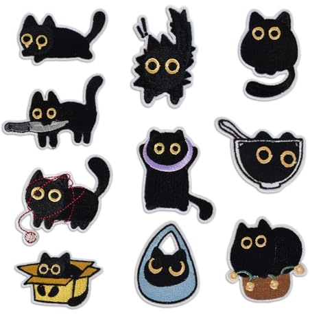 10 Stickerei-Aufnäher, Schwarze Katze, Aufbügelflicken,Zum Aufnähen/Selbstkleben, Schwarze Katze Patches zum Aufbügeln, Geeignet für Kleidung, Rucksäcke, Hüte, DIY-Zubehör