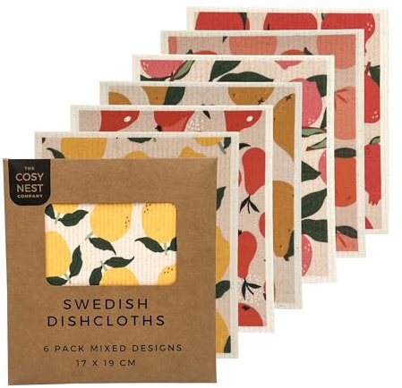 The Cosy Nest Company Swedish Dishcloths Pack of 6, Reusable Dish Cloths for Washing Up, Absorbent Sponge Cloths for Kitchen Cleaning, Eco Friendly Compostable Plastic Free, Fruit Design