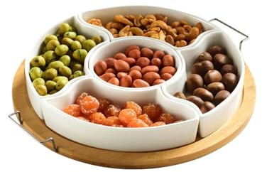 Sionhiuo Spinner - Plateau de service rotatif divisé avec poignée - Distributeur amovible à 5 compartiments - Organiseur de fruits secs - Pour pique-nique, camping, fêtes, Thanksgiving, Noël