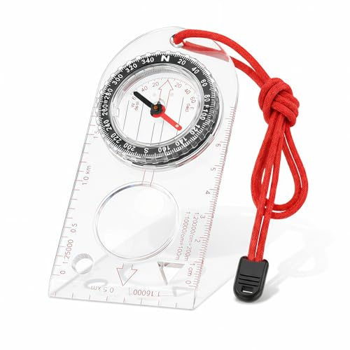 Navigation Compass, Hiking Compass with Magnifying Glass, Multifunctional Orienteering Hiking Navigation Compass for Outdoor Activities, Expedition, Map Reading, Camping, Trekking (Transparent)
