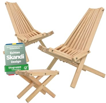 holz4home Skandinavisches Liegestuhl Set aus massivem Kiefernholz Sitzgruppe I Wellnessstuhl Stuhl für Garten, Terrasse oder Wellnessbereich I Stuhlset Skandi Design I 2X Stuhl & 1x Tisch