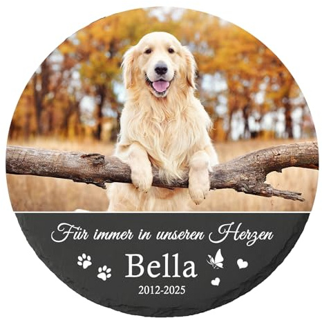 MOMGEGE Runde Personalisierter Tiergrabstein aus Schiefer mit Foto und Text – Gedenktafel für Hund oder Katze – Einfühlsames Geschenk bei Tierverlust (001)
