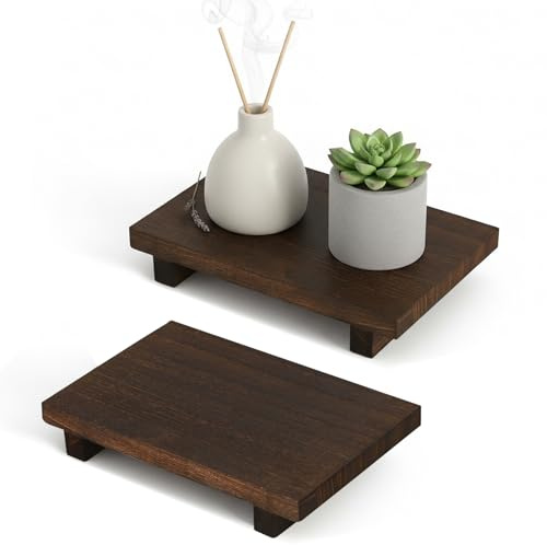 XMDROU 2PCS Wooden Riser Display Tray, 23x15x3.9cm Small Wooden Tray Wood Pedestal Stand Rectangular Wood Riser Stand Holder Soap Dispenser Trays for Wedding Kitchen Counter Party Decoration (Brown)