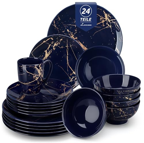LOVECASA Daphne - Vajilla Completa 24 Piezas para 6 Personas, Juego de Vajilla Porcelana Mármol Azul Marino y Dorado, Incluye Platos Llanos, Platos de Postre, Cuencos y Tazas, Servicio Mesa Moderno