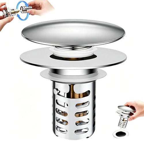 Waschbeckenstöpsel Pop Up Edelstahl, Universal Abflussstopfen mit Sieb (28,5-55 mm), Messing Kern, Anti-Verstopfung, Schnellablauf & Geruchsstopp für Badezimmer