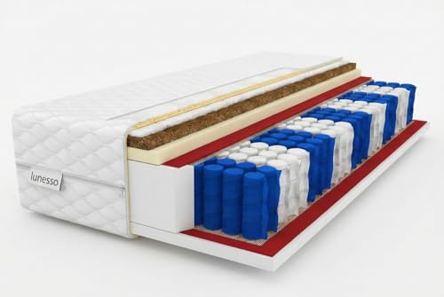 lunesso Matratze 90x200 cm Taschenfederkernmatratze mit Kokos | Höhe 17 cm | H3 & H4 Fest | 2in1 Härtegrade Wendbar | Öko-Tex Zertifiziert | Orthopädische Kokosmatte