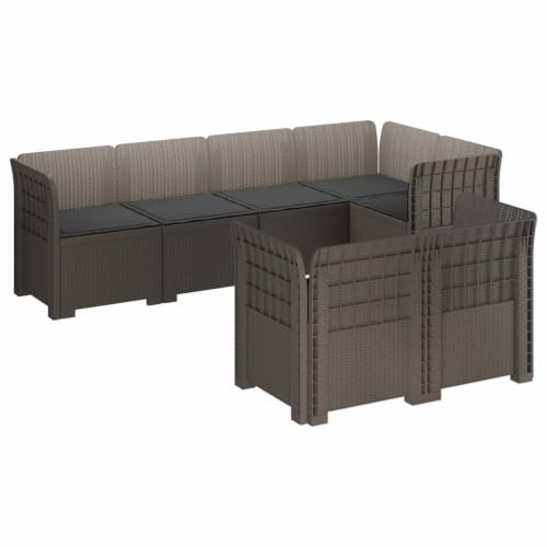 Ziaphsol 7-sitsig trädgårdsoffa med kudde av polyrattan i ljusgrått för balkong terrass vinterträdgård väderbeständig UV-resistent modulär sittgrupp för utomhusbruk