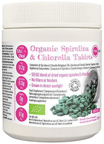 PINK SUN Organic Spirulina and Chlorella Tablets 500mg x 1000 Combined Tabs 50:50 Blend Gluten Free Non GMO Vegetarian Vegan Certified by The Soil Association Bulk Buy 500g