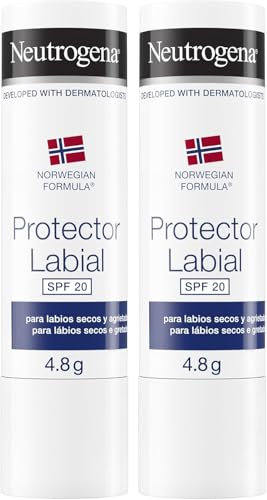 Neutrogena Fórmula Noruega Protector Labial SPF 20 (2 x 4,8 g), bálsamo labial para labios secos y agrietados, protector solar para labios contra los rayos UVA y UVB, bálsamo hidratante