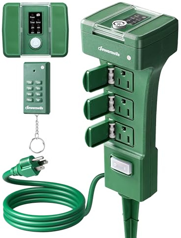 DEWENWILS Outdoor Power Stake Timer Waterproof, 100FT Range Remote Control Outlet Timer, 6 Grounded Outlets 6FT Cord, Photocell Dusk to Dawn, for Lights, Garden, 1875W/15A UL Listed