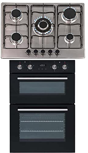 SIA 60cm Black Built In Double Oven And 70cm 5 Burner Stainless Steel Gas Hob