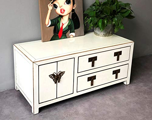 OPIUM OUTLET Asia TV-Kommode, Sideboard chinesisch, China Lowboard, Fernseh-Kästchen, orientalischer Schrank im Shabby-Stil, beige