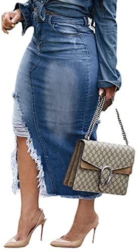 Blue Midi Jean Skirt for Women Long Denim Skirts with Slit High Waist Stretch Pockets Frayed Pencil Jean Skirt