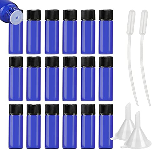 ZEOABSY 200 Stück Kleine Leer 5ml Blauglas Flasche mit Öffnungsreduzierer, Braun Tropfflasche mit Schwarz Schraubverschluss Glasflaschen für Ätherisches Öle Essenzen Aromatherapie
