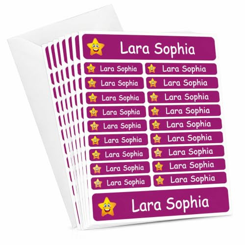 INDIGOS UG - Namensaufkleber Kinder Schule - 287 Sticker lila - Set groß mittel klein - Namensschilder für Kleidung & Gegenstande - Aufkleber personalisiert - Kindergarten, Sport, Freizeit