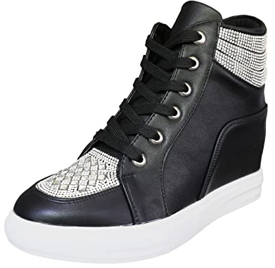 rismart Women's Wedge Heel Trainers Glitter High Top Lace-up Ankle Bootie Black,6 UK