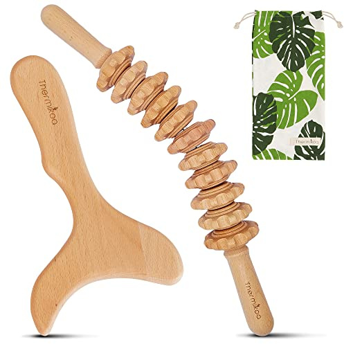 Massage Holz Kit 2 in 1, Cellulite Massagegerät, Massage Roller Anti Cellulite, Massage-Set für Holztherapie, Lymphdrainage-Unterstützung, Gua Sha Massage, Cellulite Roller Thermikoa