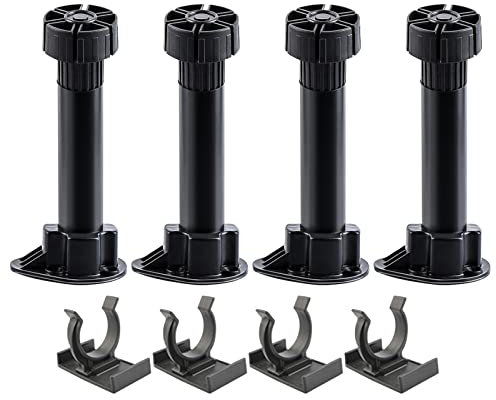 Set of 4 Furniture Feet Adjustable Cabinet Legs, Black Plastic Plinth Levelling Foot Stable Leg, for Kitchen Bathroom Cupboard Kick Board Clips (12cm/4.72in,Large Card)