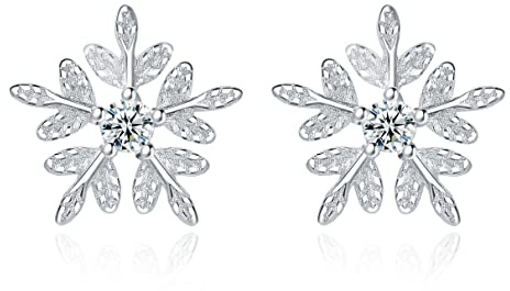 Deyanse Silber Ohrringe Damen, 925 Sterling Silber Weihnacht Ohrstecker 9mm | Schneeflocke Stecker Elch Mondstein mit Zirkonia, Klein Schlafen Knorpel Stecker Ohrring zum Winter, in Schmuck Geschenk Box