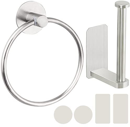 Tahbarshi Self Adhesive Toilet Paper Roll Holder and Hand Towel Ring Set for Bathroom - 304 Stainless Steel with Brushed Nickel Finish - No Drilling Easy Stick On Installation