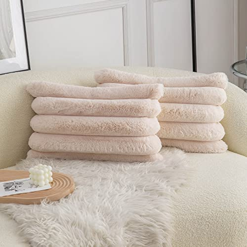 Neelvin beige fuskpäls mysig mjuk randig dekorativ prydnadskudde överdrag 30 x 50 cm set med 2, kuddfodral i sammet för soffa