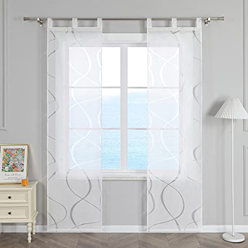 ESLIR Schiebegardinen Voile Flächenvorhänge Set 2er Schiebevorhang Wohnzimmer Gardinen mit Schlaufen Schlaufenschals Transparent Vorhang Ausbrenner Weiß BxH 57x145cm 2 Stück