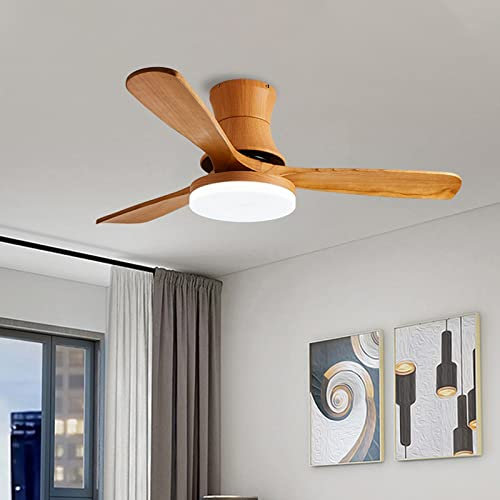 SUREK Ventilatore da Soffitto da Incasso con Luce - Ventilatore da Soffitto per Esterni in Legno Massello con Telecomando, Ventilatore da Soffitto a LED con 6 velocità 3 Pale(Vintage,36)