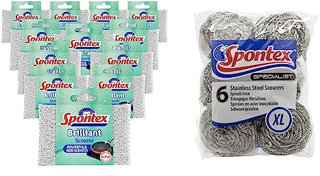 Spontex Brilliant Scourer Pad (Pack of 12) & Specialist Stainless Steel Scourers (Pack of 6)