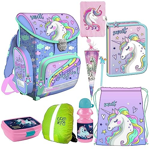 Goldkids Einhorn Unicorn Schulranzenset Schulrucksack Kinderrucksack, Federmappe, Gelstift, Schuhbeutel, Lunchset, Zuckertüte, Tagebuch, Regenschutz Motivdruck 9-teilig