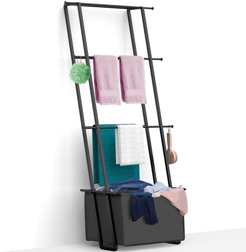 CANYAVE Deckenleiter Handtuchhalter, Wand Leaning Ladder Handtuchhalter Deckenhalter Rack Trockenständer, 4 Etagen Deckenleitern für Wohnzimmer Badezimmer (Schwarz mit Tasche)
