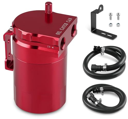 JDMON Oil Catch Can, Aluminum Oil Separator Tank Compatible with 2014-2018 Chevy Silverado 1500 GMC Sierra 1500, 2015-2020 Chevy Tahoe Suburban GMC Yukon, Oil Air Reservoir with Fuel Line, 350ML, Red