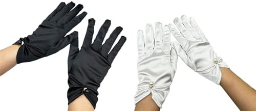Whakano 2 Paar Handschuhe Kurz,Satin Handschuhe,Brauthandschuhe,Elegante Kurze Gloves mit Schleife,Vintage Damen Handschuhe,für Halloween,Bankett,Party,Hochzeit,Tea Party Zubehör,Schwarz + Weiß