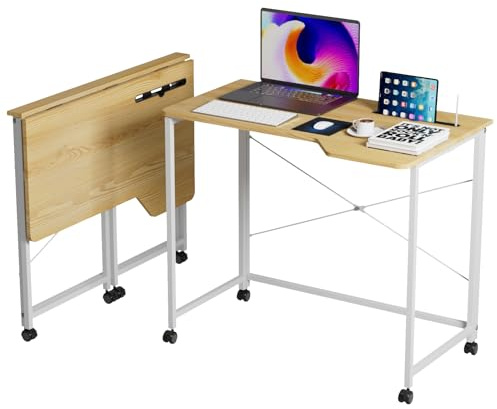 Rcynview Laptoptisch Faltbarer Schreibtisch mit Kartenschlitz Klapptisch Holz mit Rollen, 360°Drehbar PC Klapptische, Aussparung, Platzsparend, Computertisch für Bett, Sofa, Beige, 90x56x75cm