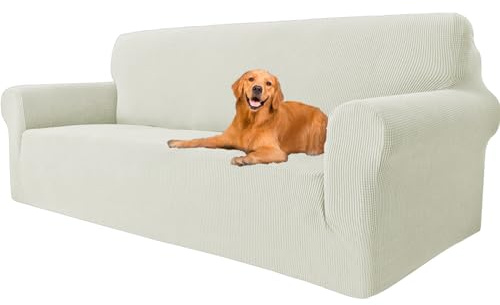 YSTELLAA Stretchigt Sofföverdrag Med Armstöd 3-Sits, Elastiskt Soffskydd Universell, Pet Soff Cover Töjbart Överdrag, Modernt Soffskydd Jacquard, Avtagbar Halkfri Fåtöljöverdrag, Naturligt Vit