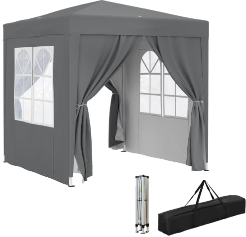 Outsunny 2x2m Garten Pop Up Pavillon Hochzeit Party Zelt Festzelt Wasserdicht Vorzelt Vordach mit Seitenwänden Fenster Tragetasche Grau