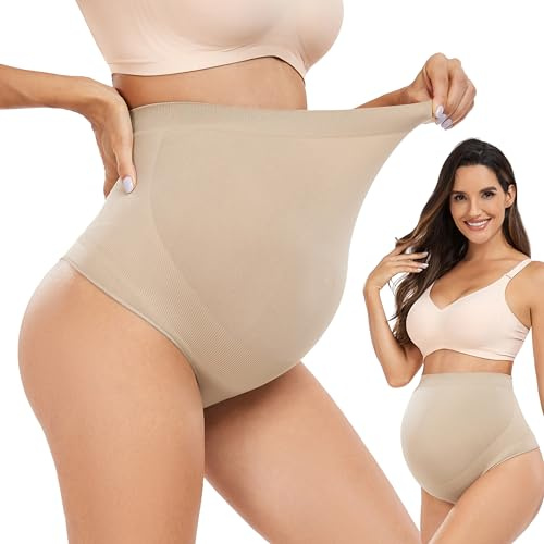 Hailycoco Seamless Maternity Shapewear, Maternity Thong High Waist Underwear Panties for Pregnancy with Belly Support, Nude+nude, M