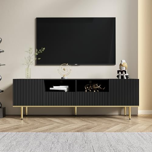 Merax Schwarzes TV-Lowboard für 60-69-Zoll-Fernseher, Spanplatten TV-Schrank, 2 Schließfächer, 2 Offene Stauraumfächer und 2 Schubladen, Modernes TV-Sideboard, 165 x 36 x 55 cm