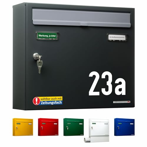 AL Briefkastensysteme Briefkasten Anthrazit mit Hausnummer RAL 7016 - Basic 1er Briefkasten Anthrazit mit Namen und Hausnummer wetterfest Din A4 - Postkasten mit Hausnummernschild personalisiert