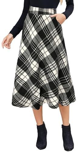 Alaster Queen Jupe longue à carreaux pour femme - Jupe midi pour dames - Taille haute élastique - Jupe d'hiver avec poches', noir et blanc, M