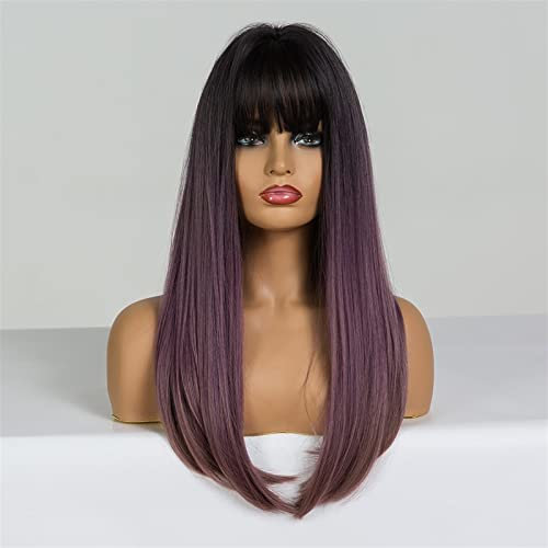 Pelucas Larga Peluca Recta con Flequillo Pelucas de Cabello sintético Cosplay Pelucas de Cosplay for Mujer Bob Pelucas Lila Púrpura Marrón Ombre Peluca