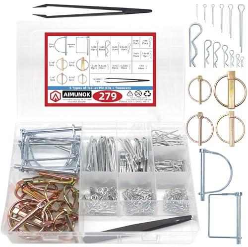 AIMUNOK 279-Piece Heavy Duty Carbon Steel Pin Assortment Kit, Hitch Lock & R-Clip Cotter/PTO Pins for Trailers/Tractors/Trucks, Galvanized Fastener Set, 18 Sizes with Tweezers & Case‌