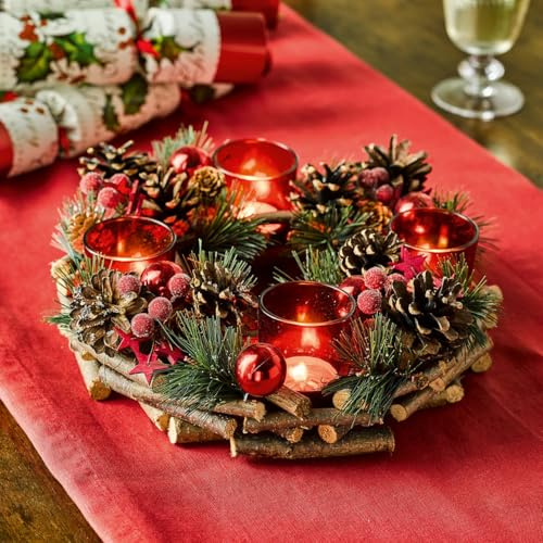 Festive Candleholder Centrepiece with 4 LED Candles - White Round Frosted Christmas Xmas Tealight Holder Table Decoration with Twig Base, Pinecones, Faux Spruce, Stars & Baubles - H9 x 30cm (Red)