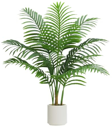 Artificial Palm Tree Indoor 90CM Plant Tall Fake Tropical Palm Tree in Pot with Real Bark Design Faux Areca Palm Tree for Home Office Living Room Bedroom Outdoor Decor (9 Trunks, White, 3 FT)