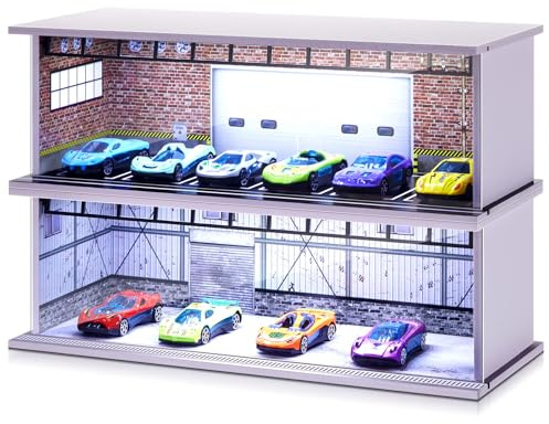 Tujoe 2 Pcs Display Case for Toy Car Garage with LED Light Stackable 1/64 Scale Diecast Toy Cars Garage for Maximum 58 Model Car Display and Storage(Red Bricks)