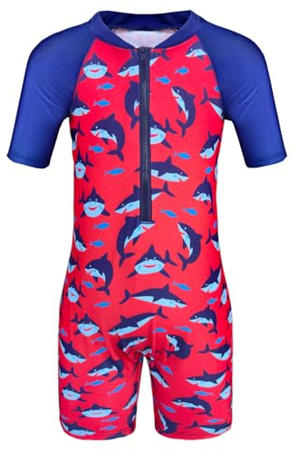 Moneric Boys One Piece Swimwear Kids Shark Swimming Costume Child Rush Guard UV Protection Swimsuit Beach Holiday Swim Wear Red 5-6 Years