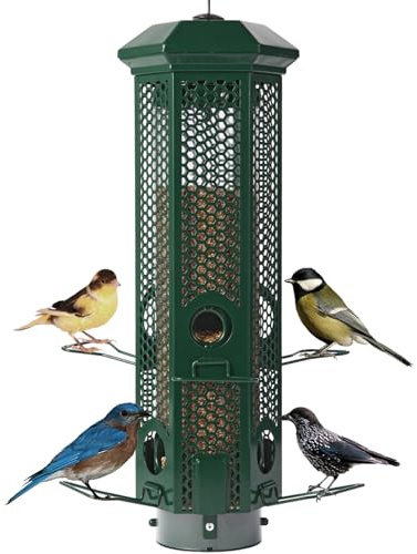 Eichhörnchensichere Vogelfutterstation mit abnehmbarem Boden, Metall-Wildvogel-Futterstation zum Aufhängen im Freien, 6 gewichtsaktivierte Sitzstangen, 1,4 kg Samenkapazität (grün)