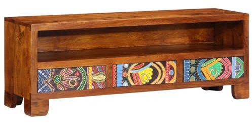 Homgoday Meuble TV multicolore, 110 x 30 x 40 cm, bois massif, Acacia, meuble TV meuble bas pour TV pour table de salon industriel, support TV salon M-4016502