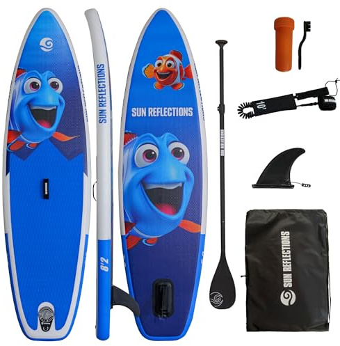 Campsup Sun Reflections Kids 8'2 (250 cm) Aufblasbares SUP Board für Kinder – Komplettset mit verstellbarem Paddel, Sicherheitsleine, Transporttasche & Finne | rutschfest | Design Blue