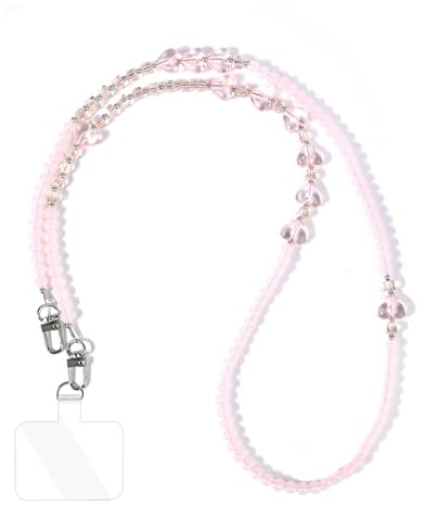 Reownest 1 Cordon Téléphone Portable Universelle avec Patch, Lanière pour Téléphone avec Design en Cœur et Perles, Bandoulière avec Fermoir Métallique Lanière pour Filles et Femmes -Rose