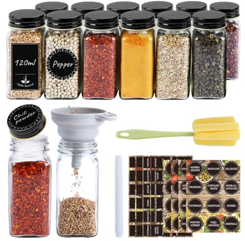 Gewürzgläser Eckig 12er Set 120ml – Gewürzdosen mit Streueinsatz, luftdichtem Schraubdeckel – inkl. Trichter, Etiketten, Marker & Reinigungsbürste – Gewürzbehälter Glas für Küche & Schublade